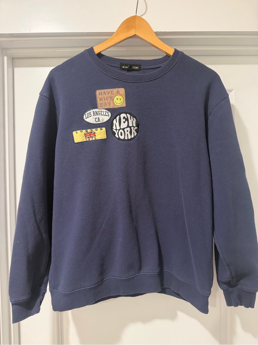 Social Scene Patch-Detail Navy Crewneck Sweatshirt